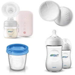 Philips Avent Starterset Inklusive Milchpumpe SCF395/11,Einweg-Stilleinlagen SCF254/61, Aufbewahrungssystem SCF618/10, Natural Flasche SCF033/27